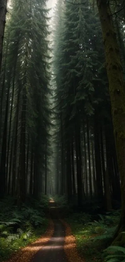 Serene forest pathway through tall trees and lush green foliage.