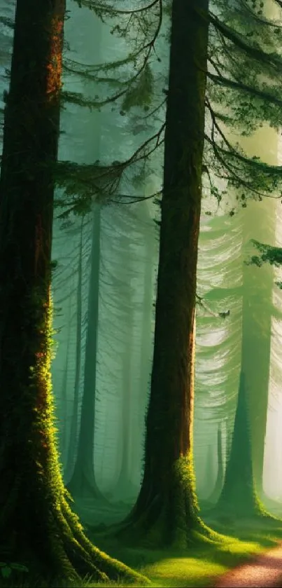 Tall trees and a sunlit path create a serene forest scene.