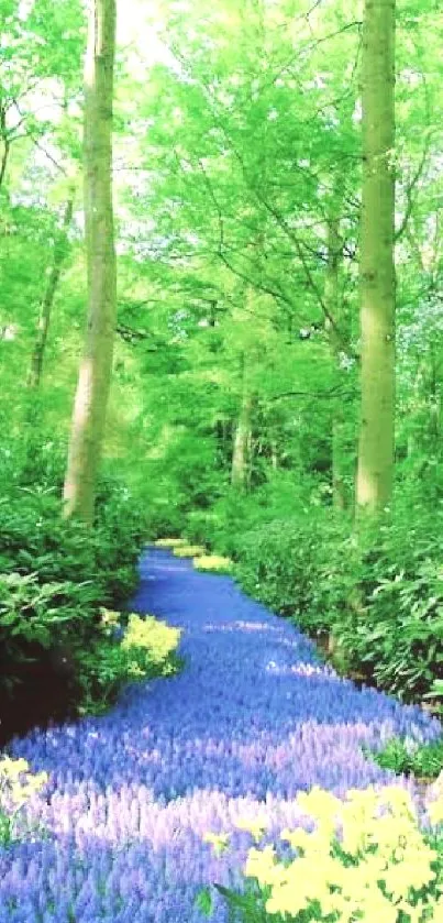 Vibrant forest with blue floral path and green trees.