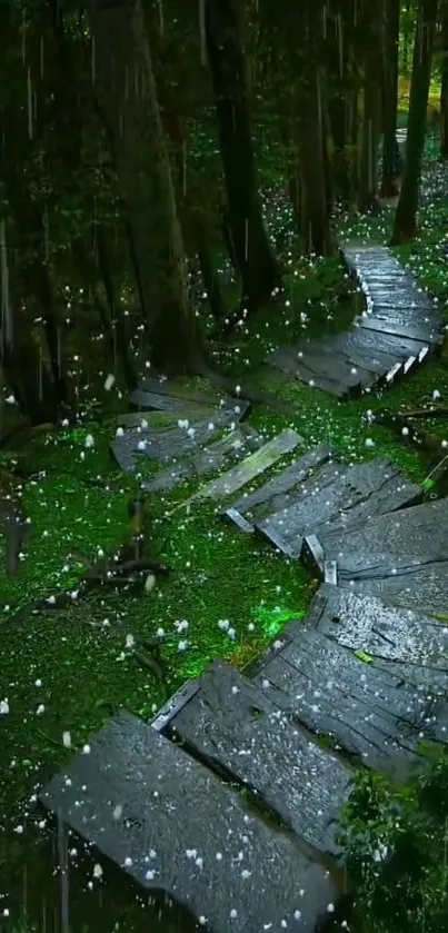 Winding wooden pathway through a lush green forest with falling petals.