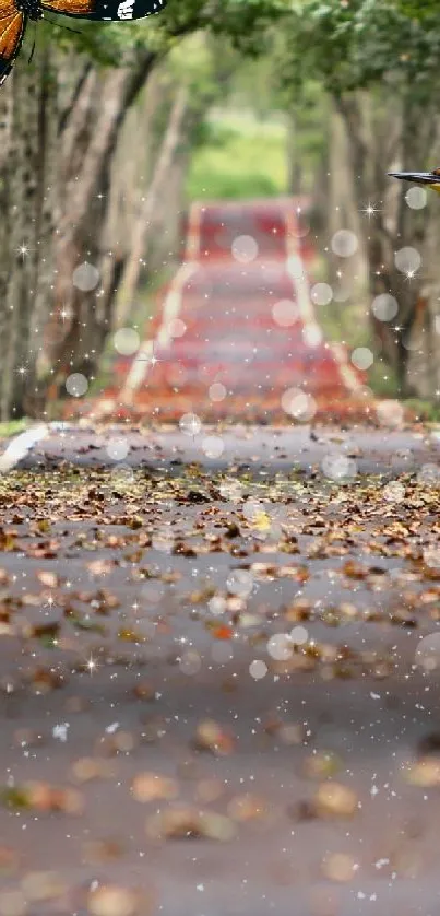 Serene forest pathway with butterfly and bird.
