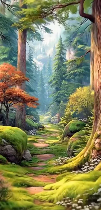Illustration of a tranquil forest path with lush greenery.