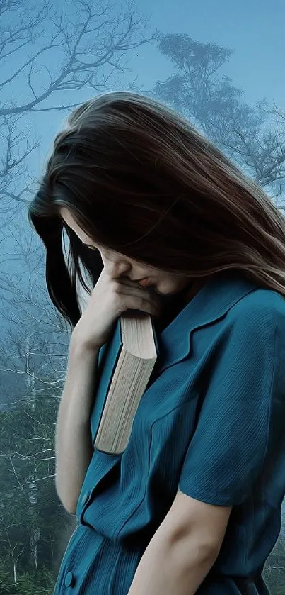 Woman in blue dress in misty forest with rays of sunlight.