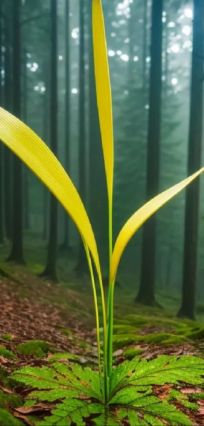 Tall green plant in a misty forest setting for mobile wallpaper.