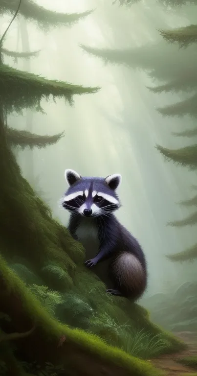 Raccoon in a misty forest with lush green scenery.