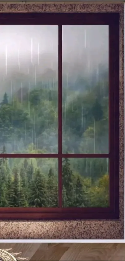 Forest rain scene through a window wallpaper with lush greenery.