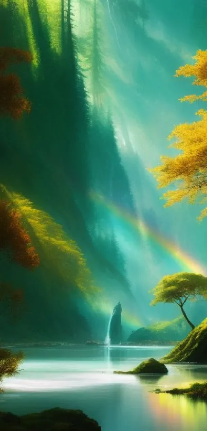 Mystical forest wallpaper with a rainbow over tranquil waters.