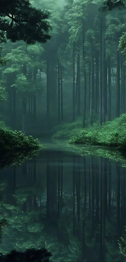 Tranquil forest reflection with lush greenery and still water.