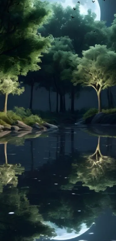 Serene forest with moonlit reflections on water.