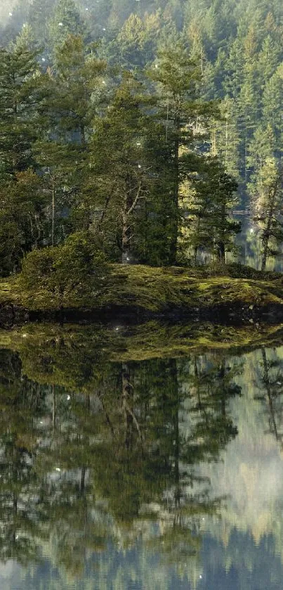Island reflecting on a calm forest lake.