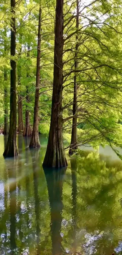 Serene forest with tree reflections on calm water, creating a peaceful natural scene.