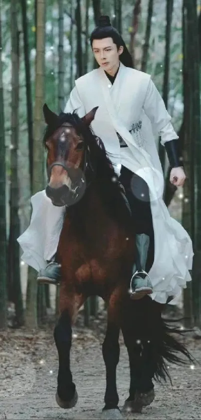 Person in white riding a horse through a forest.