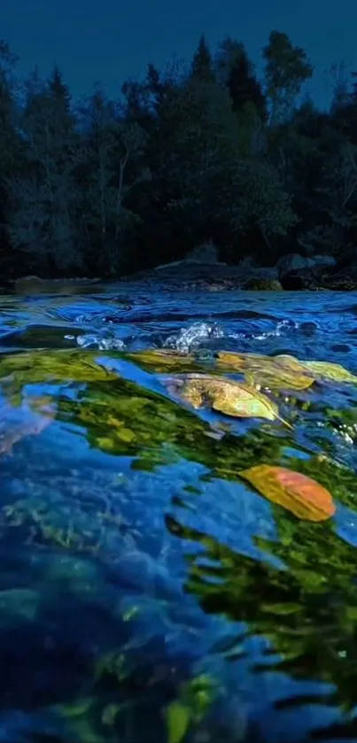 Twilight river flowing through a serene forest setting under a blue sky.