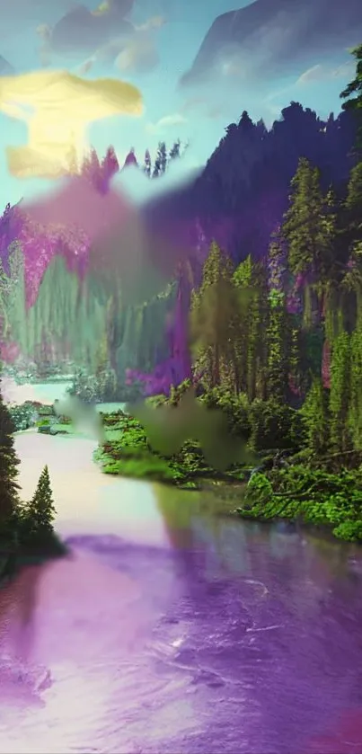 Vibrant forest river wallpaper with lush greenery and a serene purple sky.