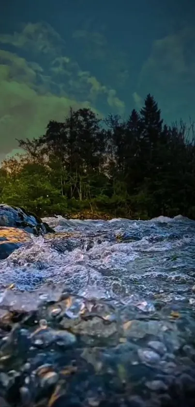 Serene river flowing through a tranquil forest under a cloudy sky.