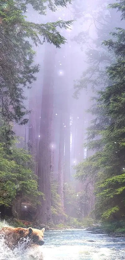 Serene forest river flowing through lush green trees.