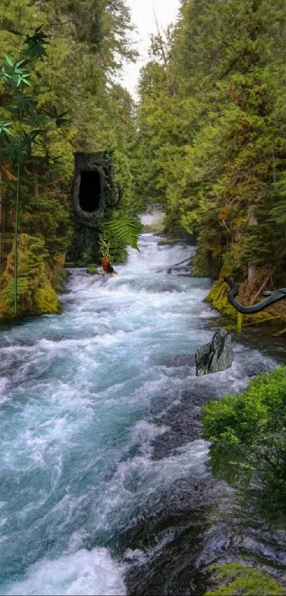 Serene forest with a flowing river and lush green trees.