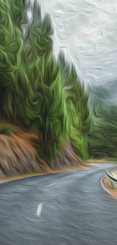 Artistic rendering of a scenic forest road with lush green trees.