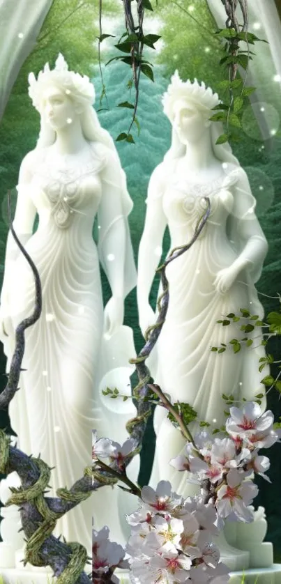 Serene forest wallpaper with white statues and floral accents.