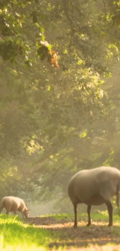 Sheep grazing under lush green trees in a forest scene.