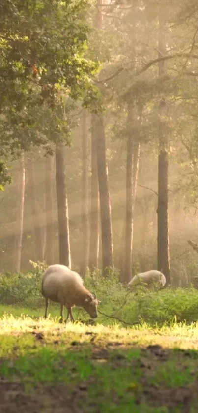 Sheep grazing in a sunlit, misty forest clearing.