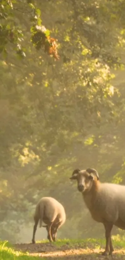 Sheep standing in sunlit forest with green backdrop.