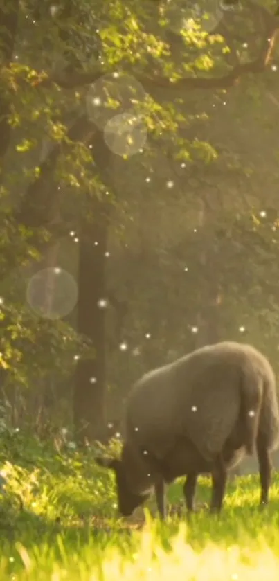 A sheep peacefully grazing in a lush, sunlit forest.