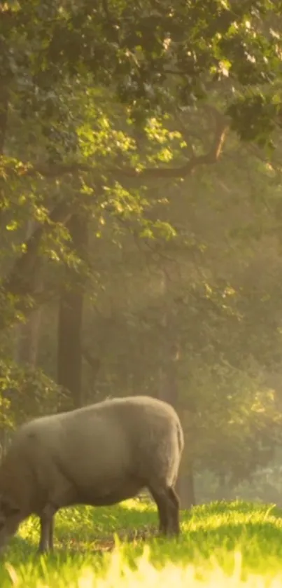 Sheep grazing peacefully in a lush, sunlit forest scene.