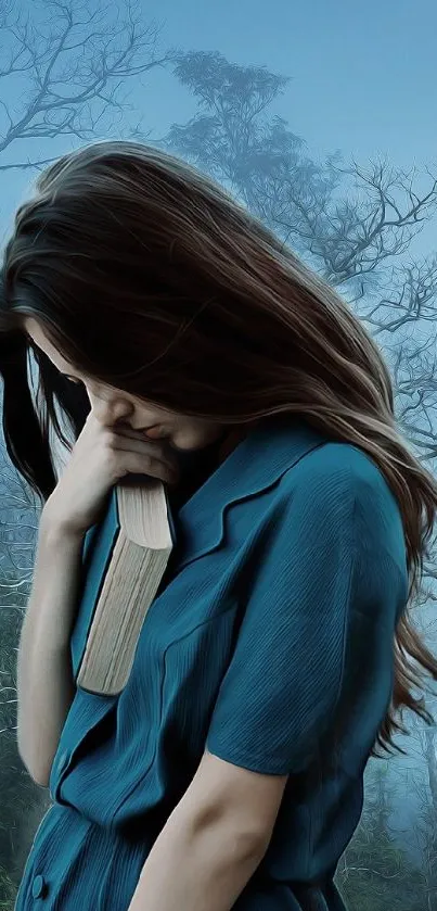 Woman in blue dress in serene forest with sun rays.