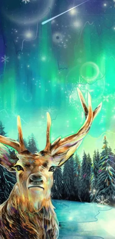 Majestic stag under green northern lights in a starry forest landscape.