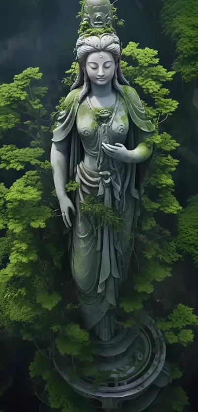 A serene stone statue surrounded by lush green forest creates a tranquil mobile wallpaper.