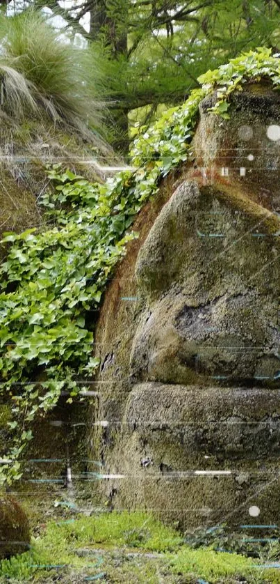 Forest stone faces with green moss in a tranquil setting.