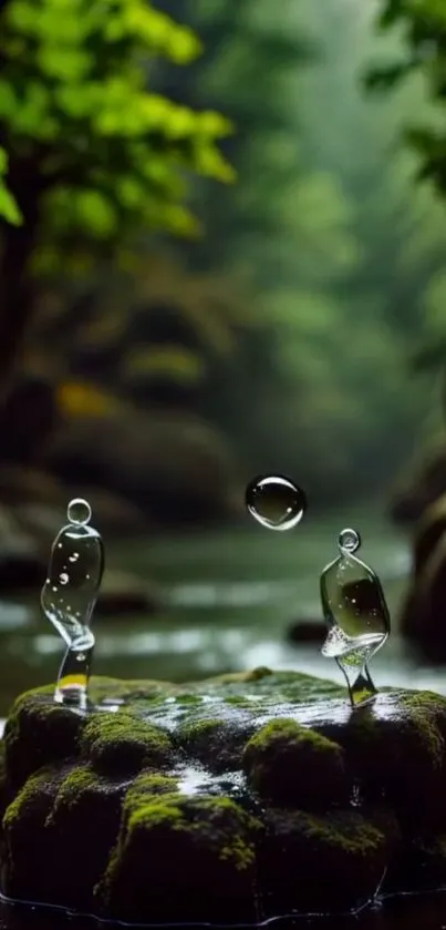 Forest stream with glass figures and greenery.
