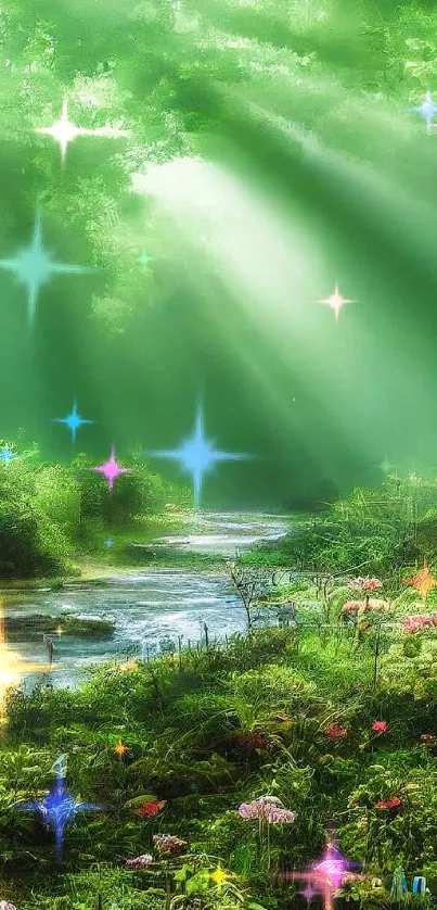 Sunlit forest stream with lush greenery and vibrant flowers.