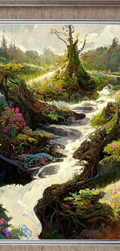 Serene stream flows through lush green forest with vibrant flowers.