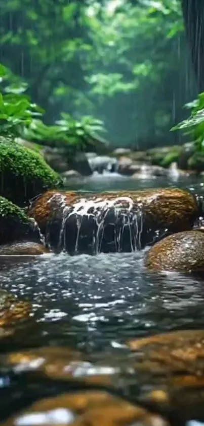 Scenic forest stream with lush greenery.