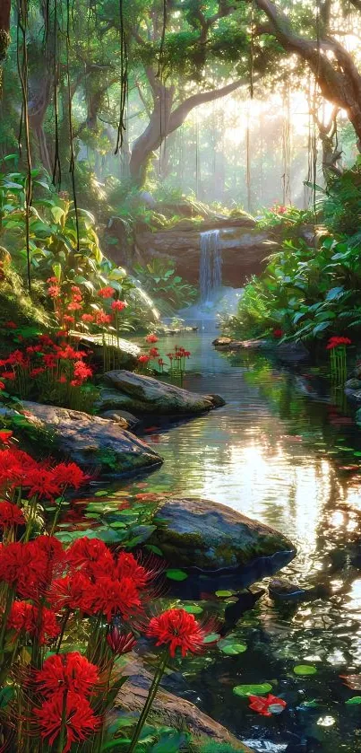 Serene forest stream with vibrant flowers.