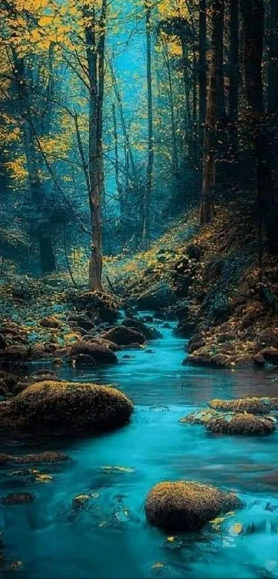 Serene forest stream with teal water and vibrant foliage.