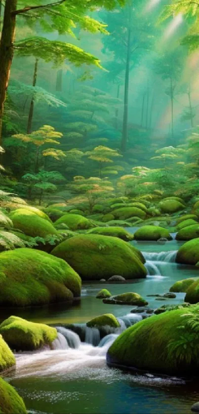 Serene forest stream with lush greenery and sunlight filtering through the trees.