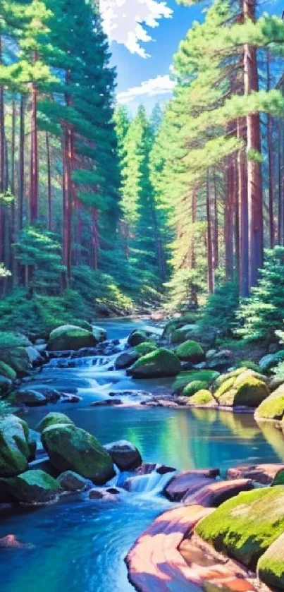 Serene forest stream with lush green trees and flowing river.