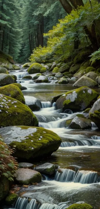 Serene forest stream with lush greenery and flowing water