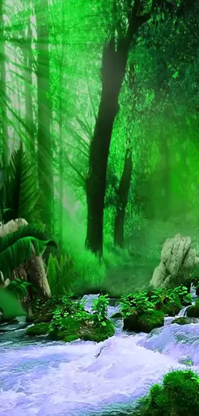 Vibrant green forest with a serene flowing stream.