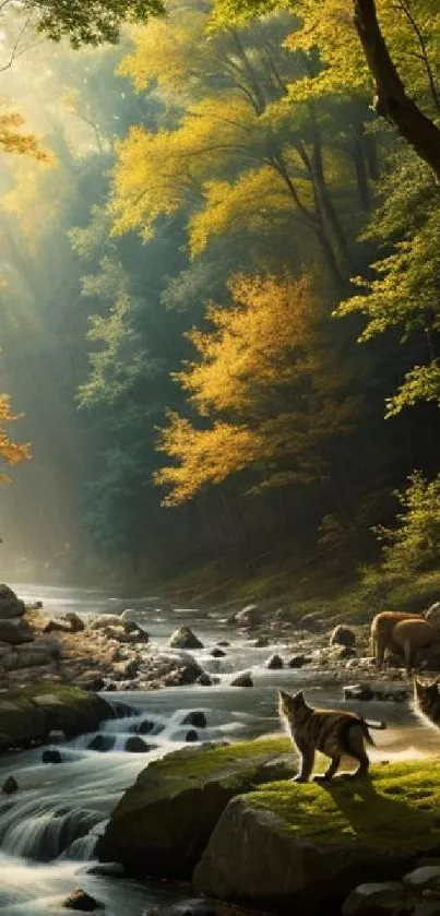 River flows through an autumn forest with animals under dappled sunlight.