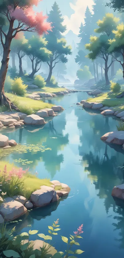 Serene forest stream with lush greenery and tranquil water.