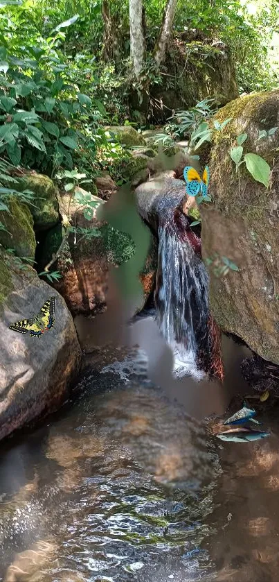 Serene stream with butterflies in lush forest.