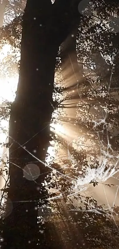 Sunlight streaming through forest trees with a spider web in view.