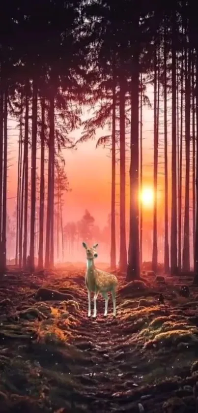 Deer in a serene forest at sunrise with vibrant colors.