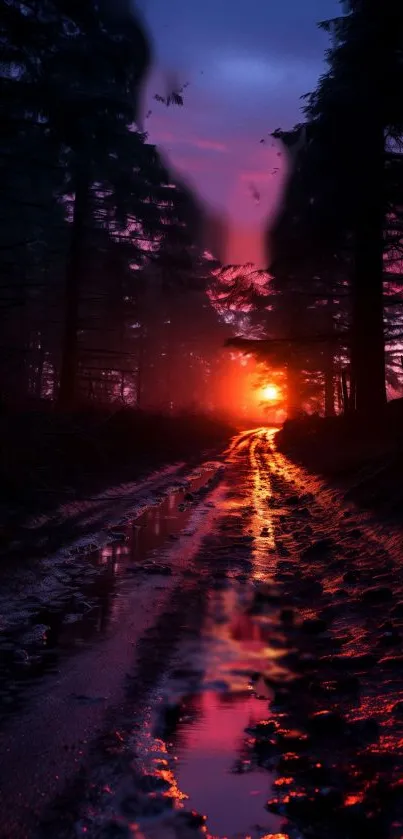 Vibrant sunset over a forest path with glowing reflections.