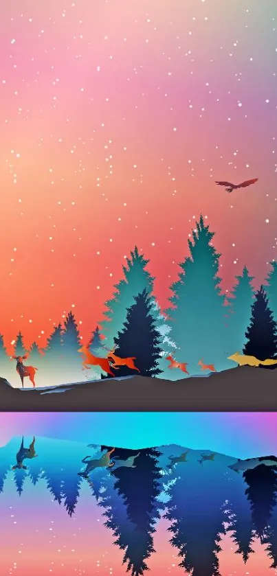 Vibrant forest and sunset reflected on lake with stars and trees.