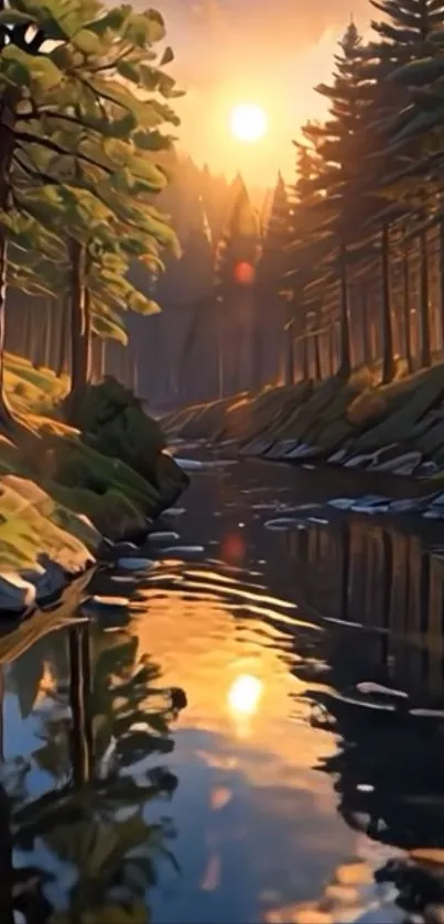 Serene sunset over forest stream with reflections.